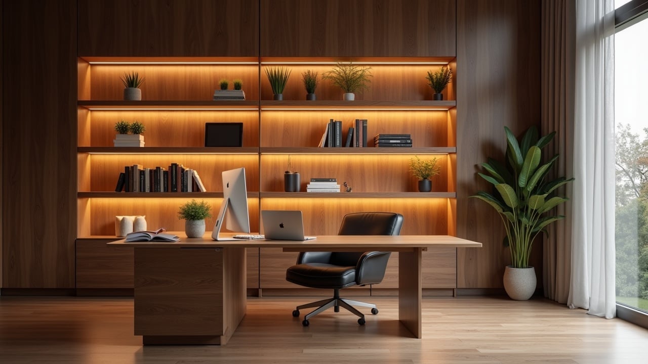 an elegant, modern office interior with wooden shelves, a sleek desk, ergonomic chair, and large window providing natural light, styled for a contemporary workspace atmosphere.