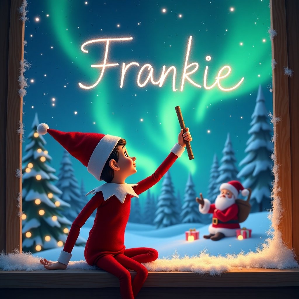 The image depicts an elf sitting on a window ledge, joyfully writing the name 'Frankie' in the sky using a glowing wand. The elf is dressed in a bright red outfit with a pointed hat, looking back towards a magical winter landscape. In the background, colorful northern lights illuminate the night sky over snow-covered trees. Santa Claus can be seen in the distance, surrounded by gifts, creating a whimsical festive atmosphere. This scene captures the essence of Christmas magic and childhood wonder, inviting everyone to join in the holiday spirit.