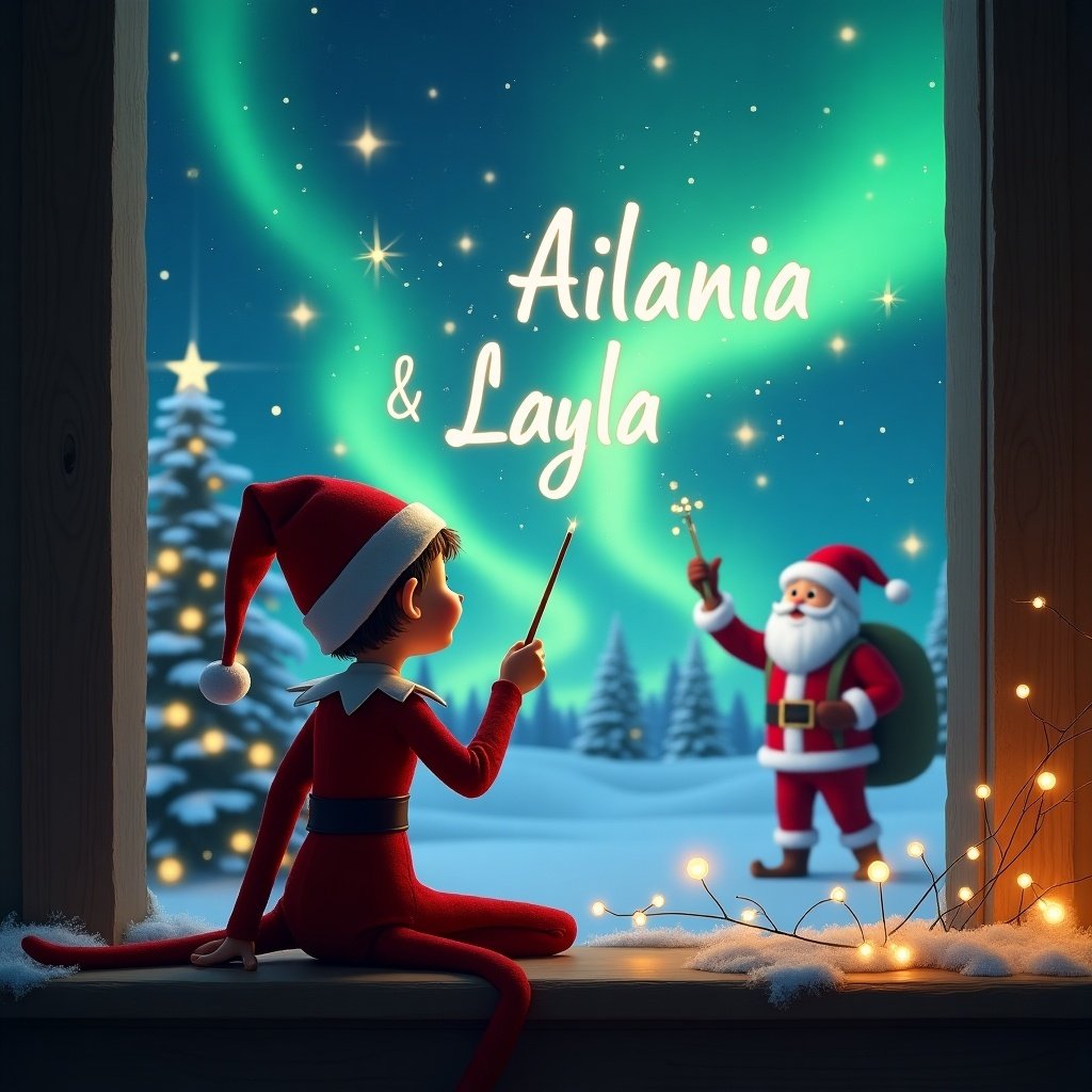 This enchanting image features an elf on the shelf perched on a window sill, gazing upward with a pencil in hand. The elf, dressed in a red suit and a traditional elf hat, is writing 'Ailani & Layla' in the sky. The backdrop is a mesmerizing winter scene filled with fluffy snow-covered trees and twinkling lights. A stunning display of northern lights dances across the sky, casting beautiful colors. Santa Claus is in the distance, adding to the magical Christmas atmosphere.