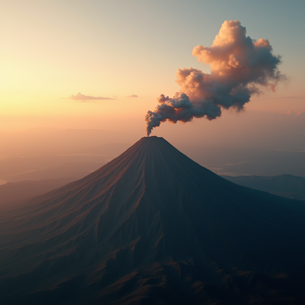 A dramatic scene of a volcano erupting with smoke above a sunlit landscape at dusk.