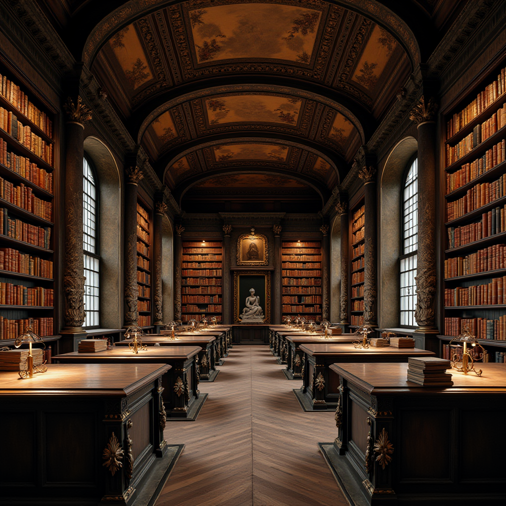 This image depicts a grand and elegant library with tall bookshelves lining both sides of the room. The shelves are filled with colorful books, showcasing a rich collection. The library has a high, ornately decorated ceiling with intricate patterns, and the walls also feature elaborate carvings or designs.

Down the center of the library, there are wooden study tables with classic golden desk lamps providing a warm glow. The tables are neatly arranged, creating a symmetrical and orderly appearance. In the background, a statue is prominently displayed, adding an air of cultural and historical significance to the setting.

Large, arched windows on the sides allow natural light to pour in, enhancing the scholarly ambiance of this magnificent library. The overall atmosphere is one of historical richness and intellectual grandeur.