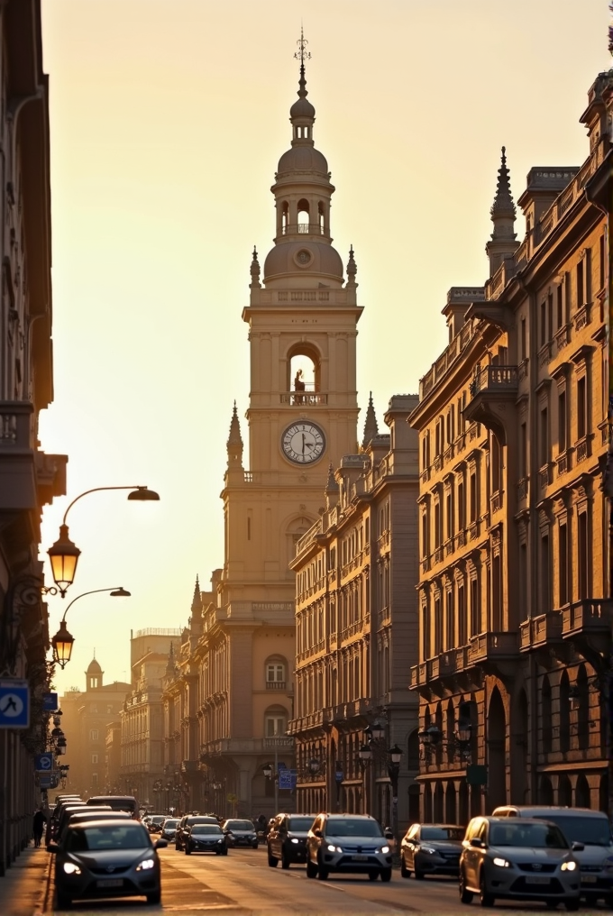 A city street at sunset featuring a tall clock tower and historic buildings, with cars lined up along the road.