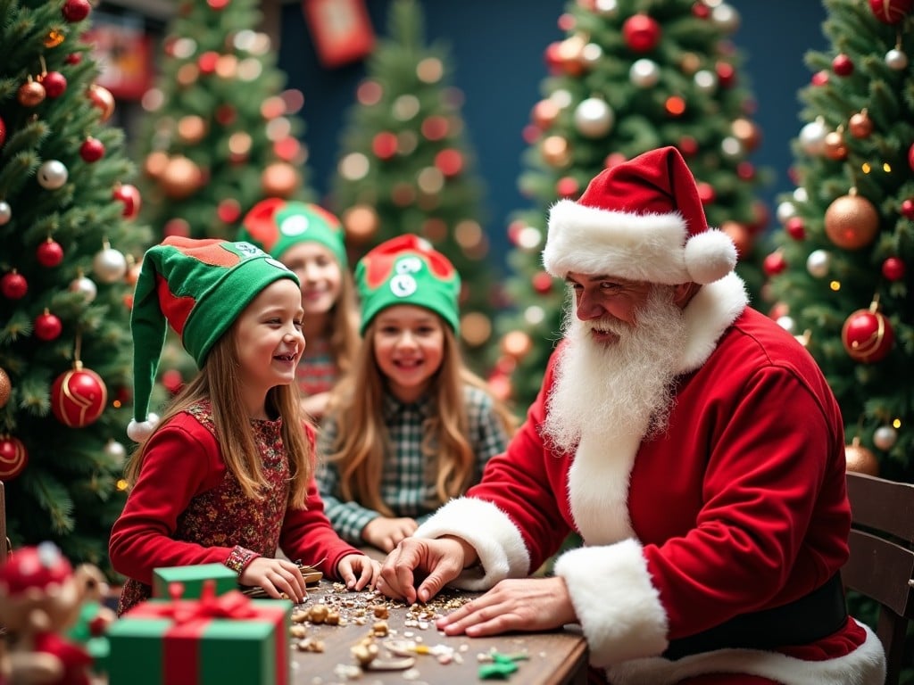 The image captures a magical Christmas scene, where Santa Claus sits at a table surrounded by happy children. They are smiling and engaging in a festive activity, showcasing the joy of the holiday season. Decorated Christmas trees filled with ornaments create a warm backdrop. The children wear cute green elf hats, adding to the festive spirit. Gifts are scattered on the table, enhancing the theme of giving and celebration. Warm lighting adds to the cheerful atmosphere throughout the scene.