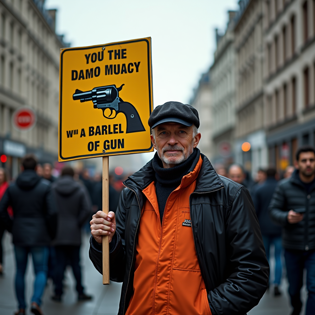 A man in an orange jacket holds a sign with altered text and a picture of a gun among a crowd in a city.