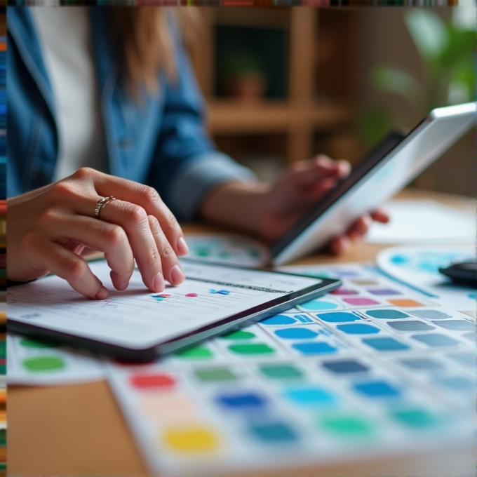 A person is selecting colors on a digital tablet surrounded by various printed color swatches.