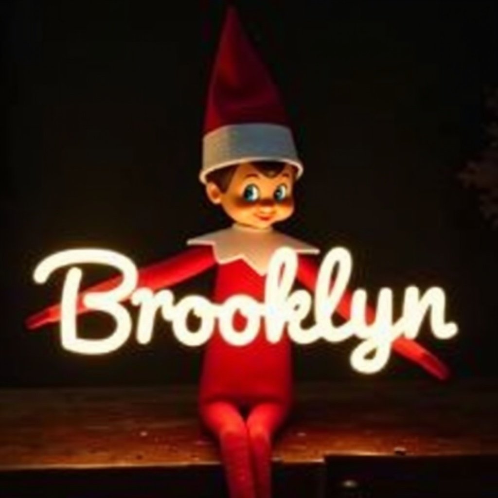 This image features an elf on the shelf character, dressed in traditional red and white attire. The elf is holding a glow stick that forms the name 'Brooklyn' in bright, soft light. The background is dark, which enhances the glowing effect of the text. It creates a warm, festive atmosphere, embodying the joy of the holiday season. The scene evokes feelings of magic and cheer associated with Christmas celebrations.