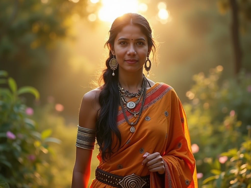 This image captures a woman in traditional attire walking through a sunlit garden. She's wearing a vibrant orange saree adorned with intricate details and layered jewelry, which includes a variety of necklaces and earrings. The sunlight creates a warm, glowing halo effect around her, highlighting her serene expression and casting a gentle light on the surrounding lush greenery.