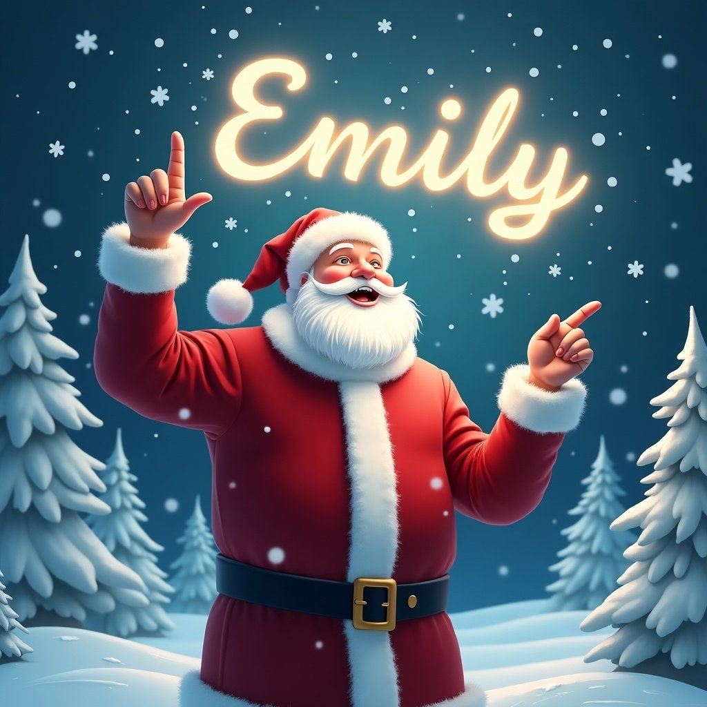 The image depicts a joyful Santa Claus standing in a winter wonderland. He is dressed in his traditional red suit with white trim and a matching hat. Santa is pointing upward as if he is magically writing a name in the sky. Snowflakes gently fall around him, adding to the festive atmosphere. In the sky, the name 'Emily' is written in bright, glowing letters.