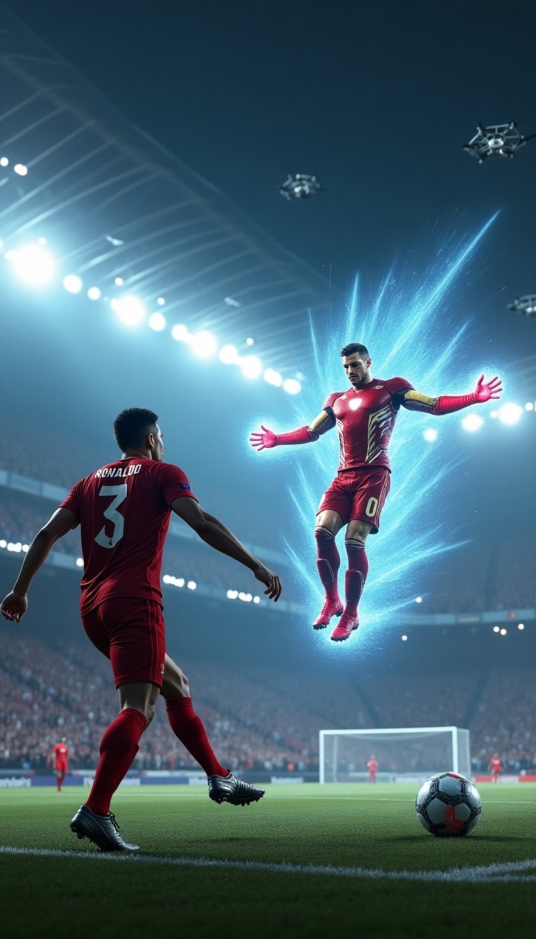 In this dynamic scene, Ronaldo is poised to take a free-kick while Iron Man hovers above him, emitting brilliant repulsor energy. The superhero projects holographic defenses around the goalpost, showcasing technology and strategy. The background features a futuristic stadium filled with glowing neon lights and drones, enhancing the dramatic atmosphere. The composition captures motion, highlighting both characters' abilities. This image blends sports with superhero elements, creating an engaging visual impact. It's a thrilling representation of fantasy meet reality on the soccer field.