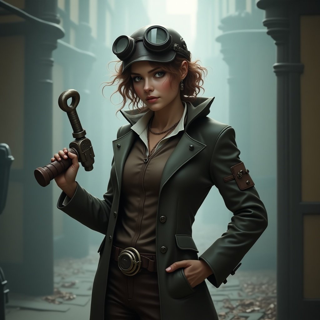 A steampunk character with brown hair and goggles stands confidently in a mysterious, foggy environment. She holds a ratchet in one hand, ready for adventure. The atmosphere is filled with an air of intrigue and exploration. The setting features soft, diffused lighting that enhances the steampunk aesthetic. Her outfit is stylish and practical, fitting perfectly into the unique world she inhabits.