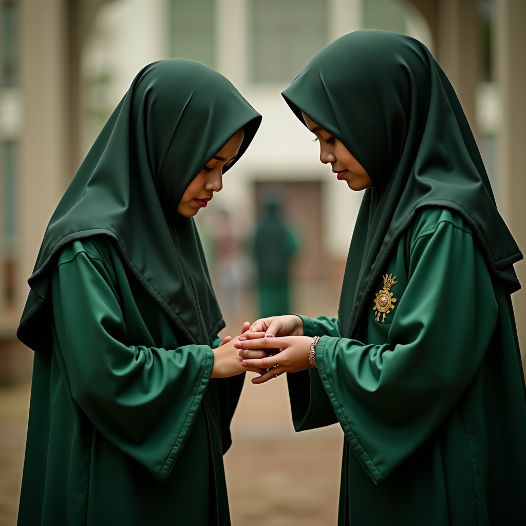 Two women in green hijabs engage in a thoughtful exchange.