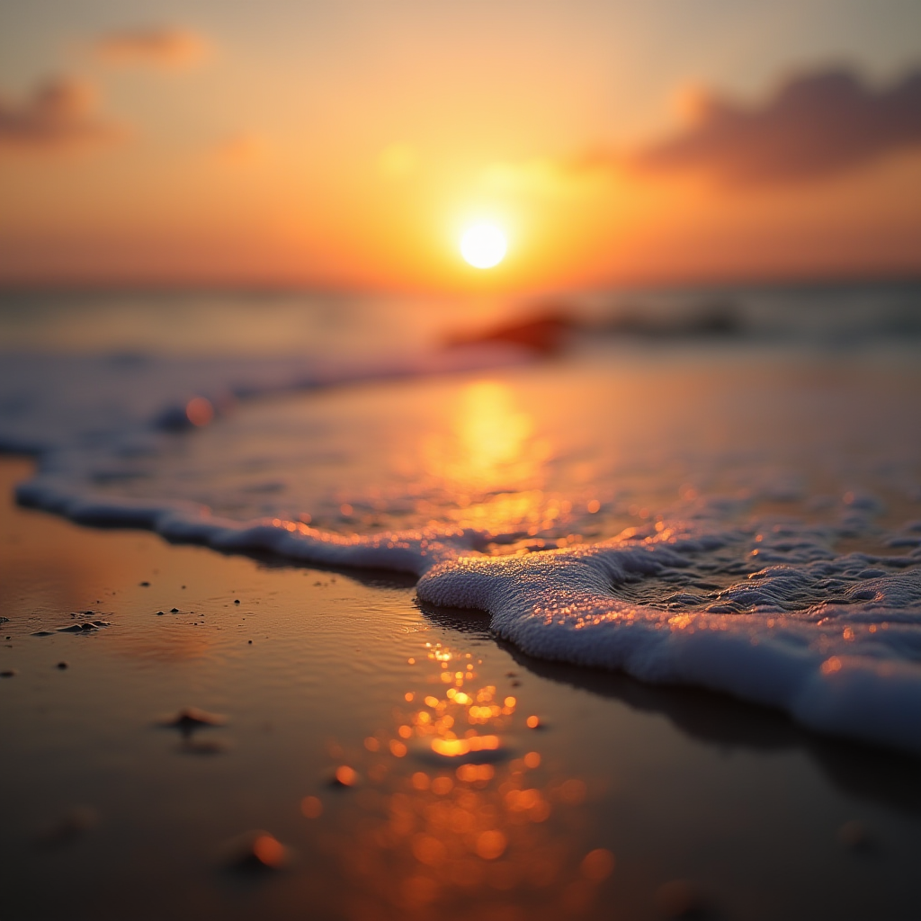 A serene beach at sunset with waves softly washing ashore.