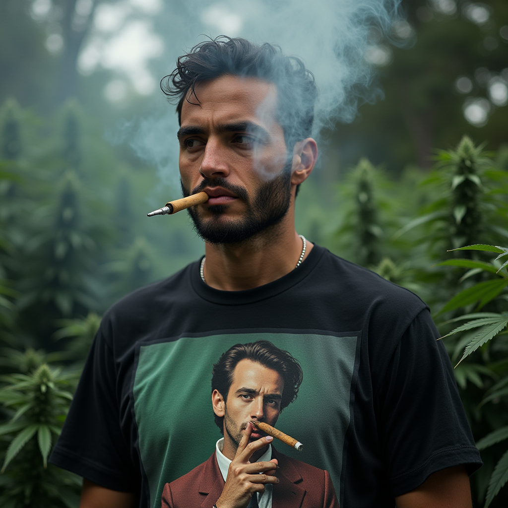 A man stands smoking a cigar in a lush field, wearing a T-shirt featuring a similar scene.