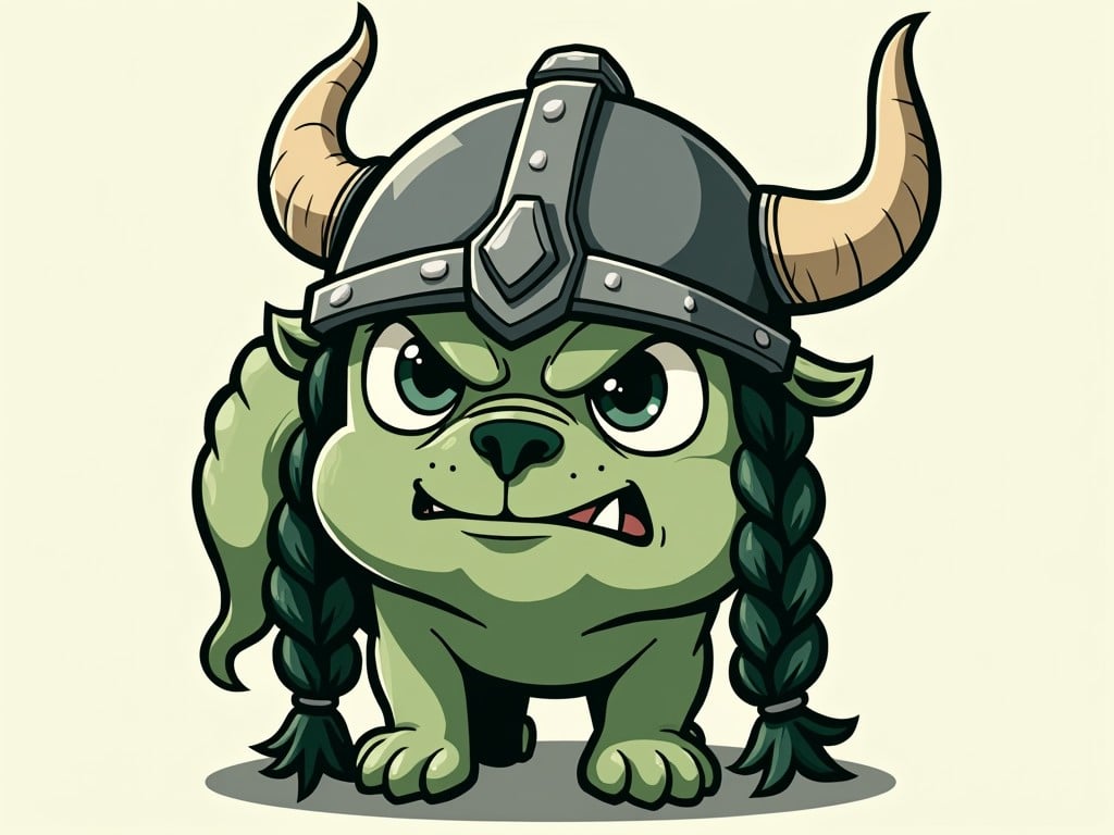 This playful cartoon illustration features a green feline with a fierce expression, wearing a classic Viking helmet with horns. The cat has long braids, adding to its warrior persona, and is standing confidently as if ready for battle. The background is a simple pale color, keeping the focus on the character.