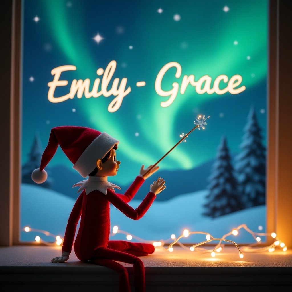 The image features a charming Elf on the Shelf character with its back to the viewer, attentively facing a magical sky. The elf is using a wand to elegantly inscribe the names 'Emily - Grace' in the sky. In the background, a dazzling display of northern lights illuminates the scene, enhancing the festive spirit. Scattered twinkling lights add to the cozy atmosphere of the setting. This enchanting depiction captures the essence of holiday joy and wonder, perfect for Christmas-themed visuals.