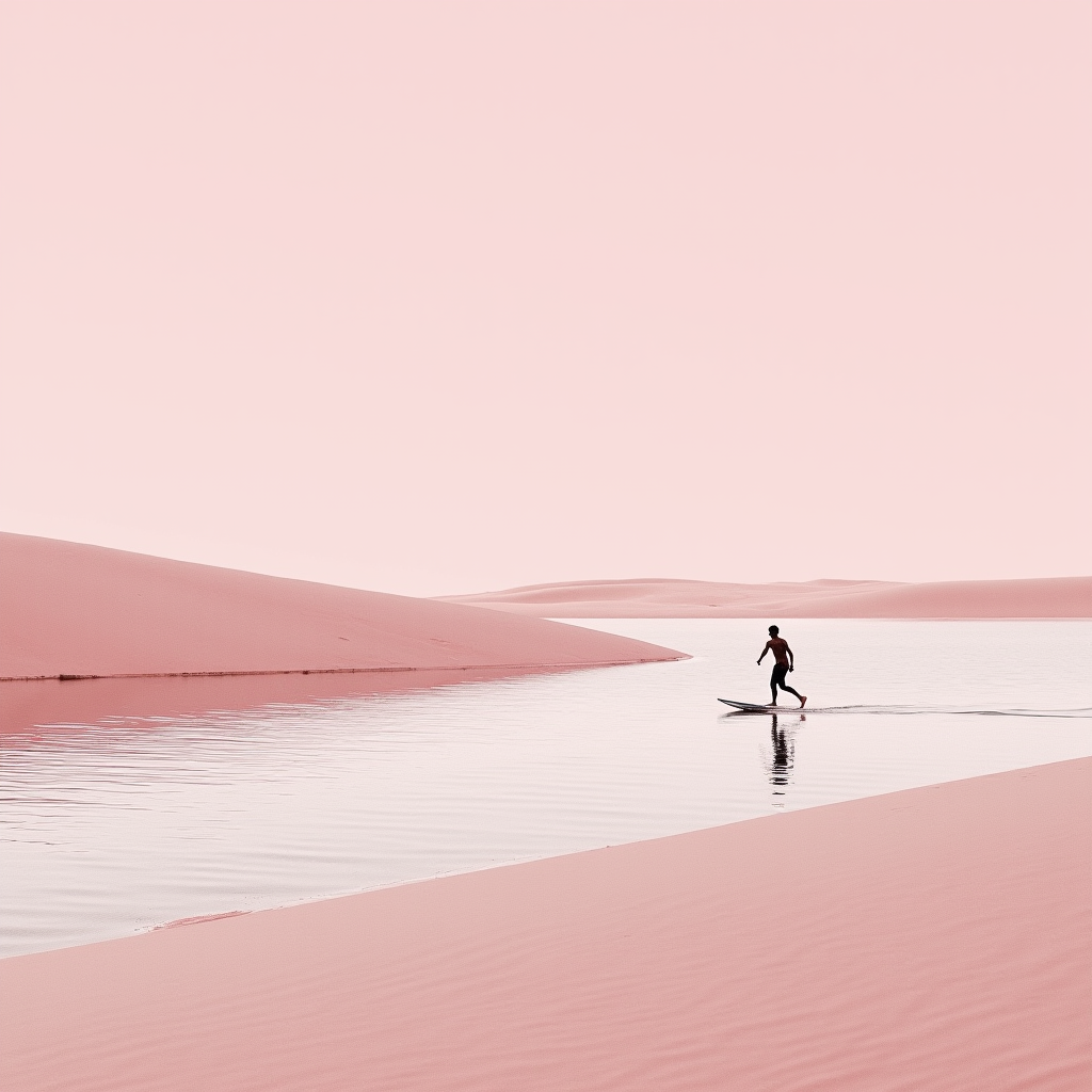 A person glides across a calm, pink-hued water landscape with a serene sky.