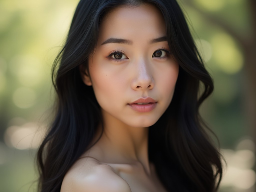 This image features a stunning close-up portrait of a young woman with long, flowing black hair. She has a smooth complexion and a serene expression, making her appear both elegant and inviting. The background is blurred, highlighting her facial features against a soft, green backdrop. The natural light creates a warm glow, enhancing the beauty of her skin. This image would be perfect for showcasing beauty products or fashion pieces in a soft and appealing manner.