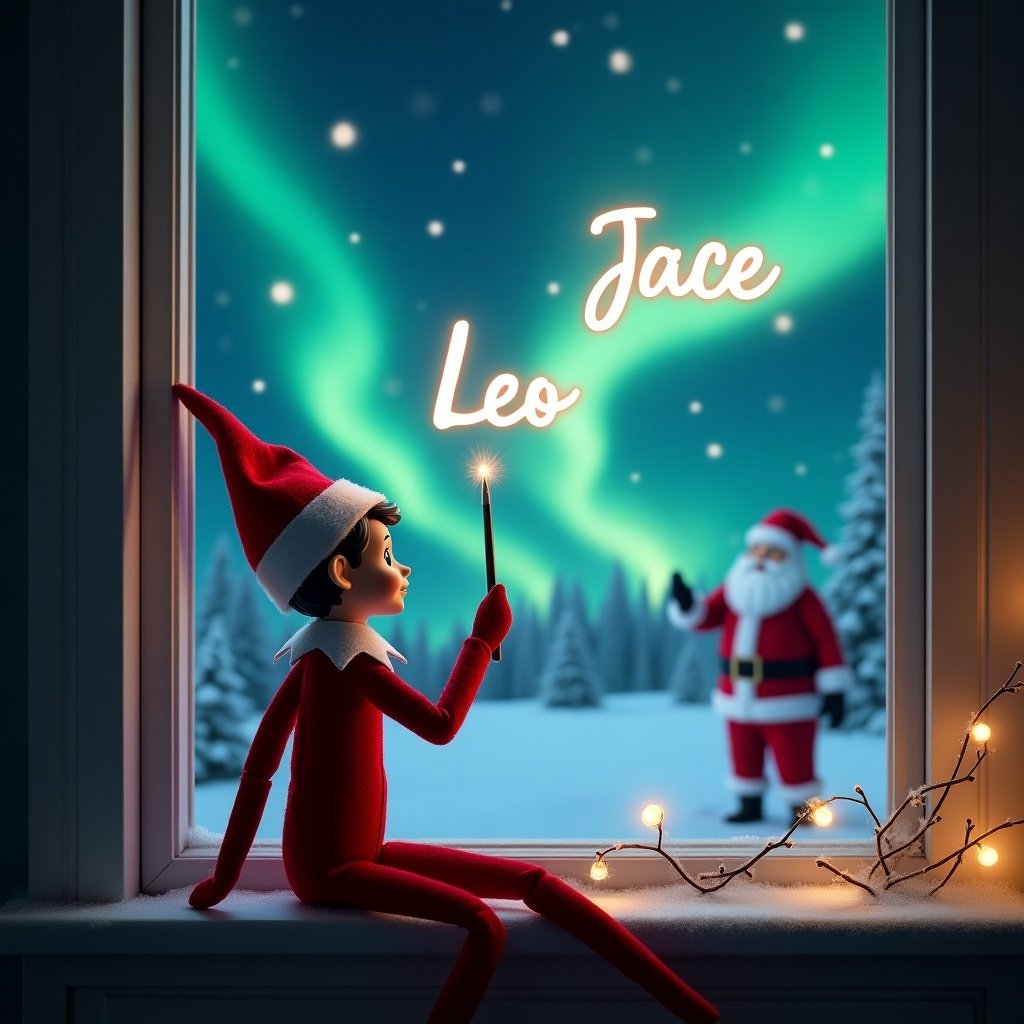 An elf on the shelf sits on a windowsill, facing a magical sky. The elf, dressed in red and white, holds a wand and writes the names 'Leo' and 'Jace' in the air. Behind him, a beautiful night sky is filled with swirling northern lights. Santa Claus can be seen in the background, adding to the festive atmosphere. It's a delightful scene that captures the essence of Christmas and invokes feelings of joy and wonder.