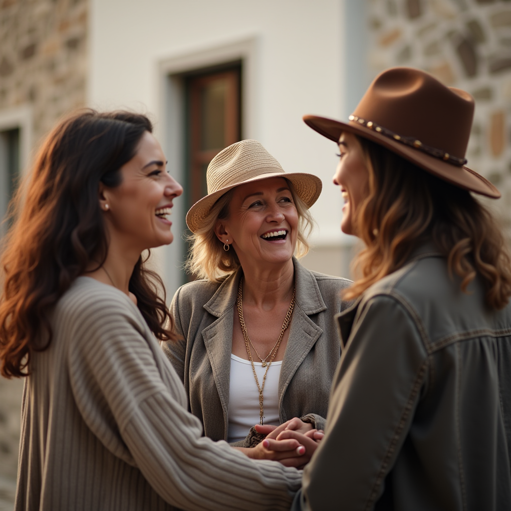 Three women are smiling and chatting outside, two wearing hats.