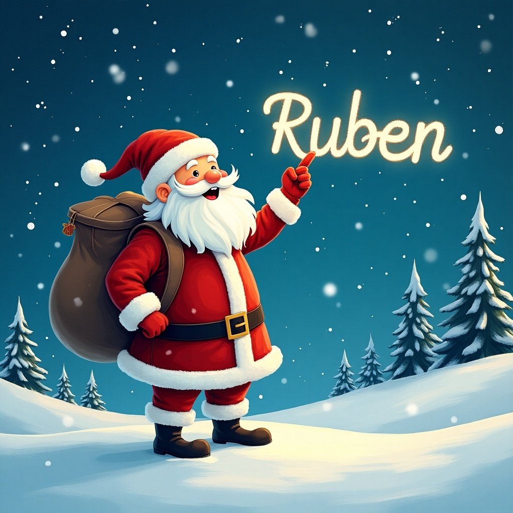 In a beautiful winter wonderland, a cheerful Santa Claus stands amidst snow-covered trees. He is wearing his classic red suit and fluffy white beard, holding a large sack over his shoulder. With a joyful expression, he points upwards, where the name 'Ruben' appears glowing in the sky. Snowflakes gently fall around him, creating a magical holiday atmosphere. This scene captures the essence of Christmas warmth and joy, perfect for celebrating the festive season.