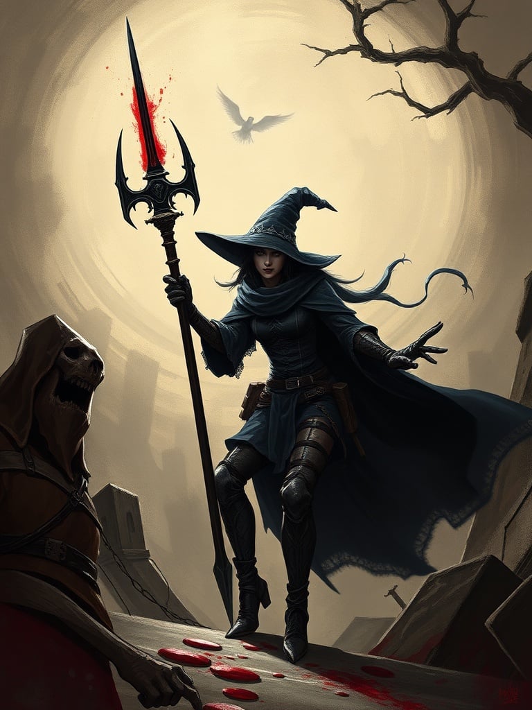 A mysterious enchantress in a dark cloak and pointed hat stands on a moonlit rooftop, holding a blood-stained spear, with a raven hovering in the background and sinister surroundings.