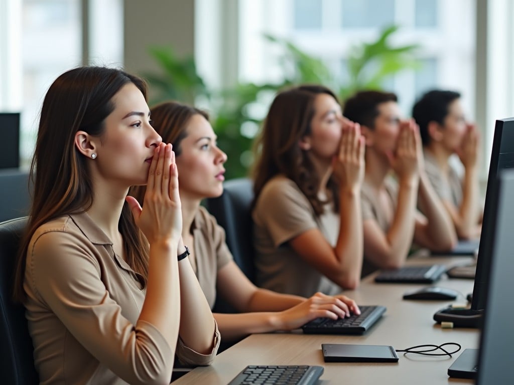 A group of individuals in a corporate office setting is engaged in breathing exercises. They are seated at their desks, with their eyes closed, performing a specific technique where they block one nostril. All the participants are dressed in neutral brown tones, creating a cohesive look. The office is brightened by natural light, enhancing the calming atmosphere. This scene illustrates a focus on mindfulness and stress management in the workplace. The individuals are fully focused, reflecting a commitment to wellness and mental clarity.