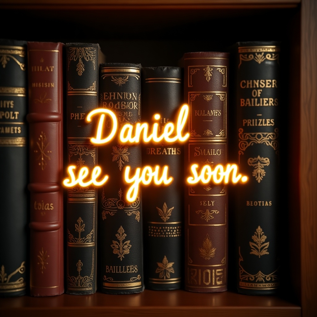 This image features a close-up view of a beautifully arranged bookshelf filled with leather-bound books. The books come in various colors and showcase intricate gold embossing on their spines, adding to their charm. Above the books, a glowing script appears in the air, reading 'Daniel see you soon.' The warm lighting creates a cozy atmosphere, perfect for book lovers. This scene evokes a sense of nostalgia and anticipation, making it an ideal representation of literary appreciation and personal connections.