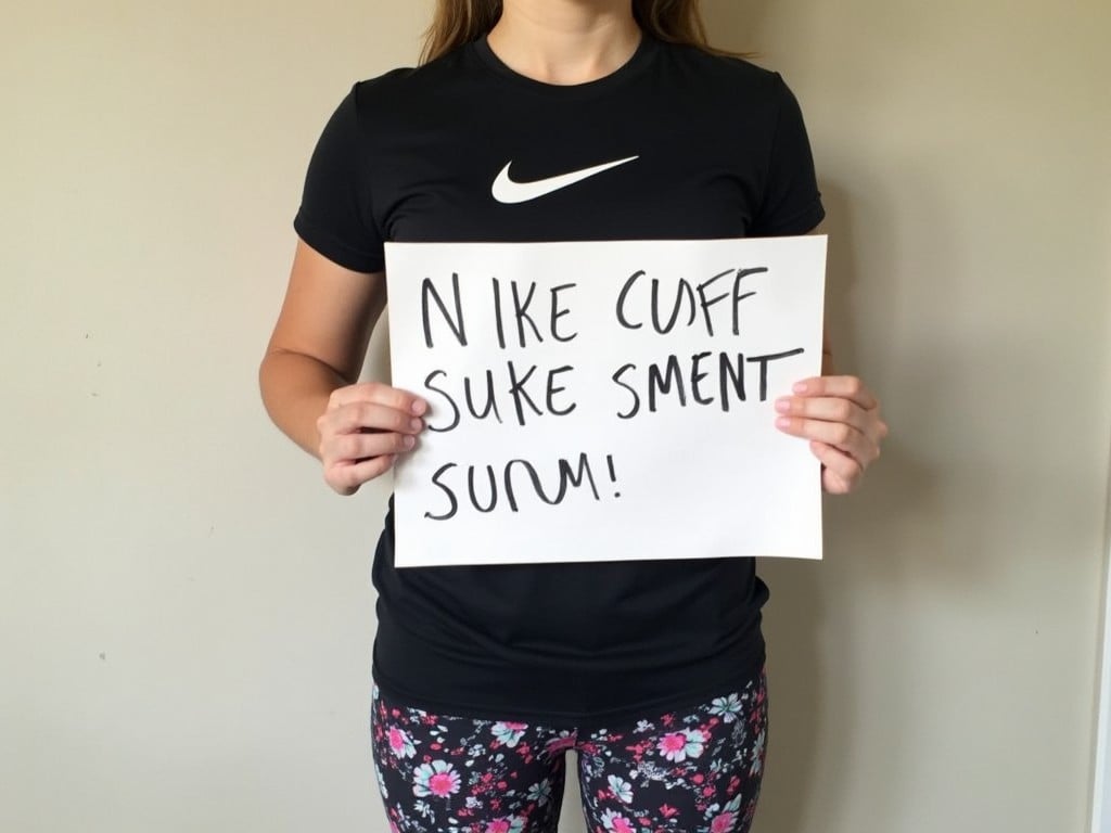 The image shows a person wearing a black Nike t-shirt and floral leggings, holding a handwritten sign. The sign features jumbled text that reads, 'N IKE CUFF SUKE SMENT SURN!' The plain background and casual attire suggest an informal setting, while the juxtaposition of the branded clothing and the handwritten sign makes a visual impact.