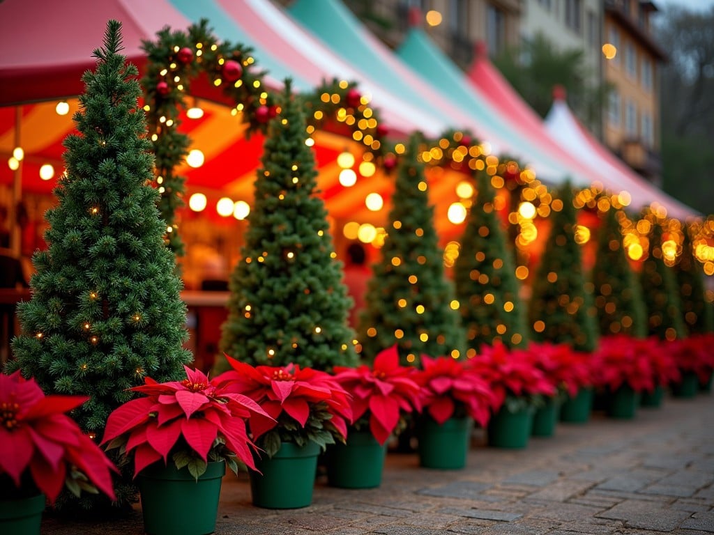 A beautifully arranged Christmas market scene with festive decor. In the foreground, green potted poinsettias are prominently displayed. Lined up behind them are small Christmas trees adorned with twinkling lights, creating a warm atmosphere. The background features colorful tents, enhancing the holiday spirit. The overall scene evokes feelings of joy and celebration, perfect for the winter season.