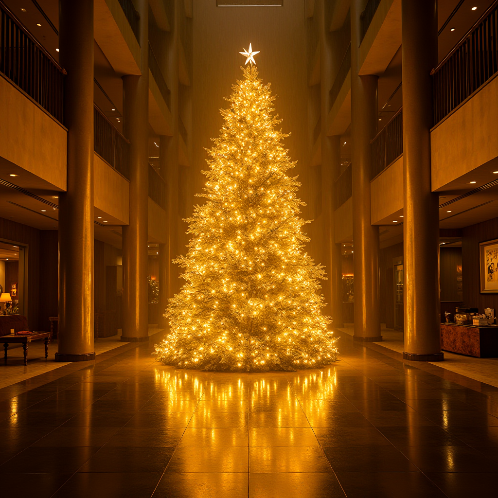 A large, beautifully illuminated Christmas tree stands in a grand hallway.