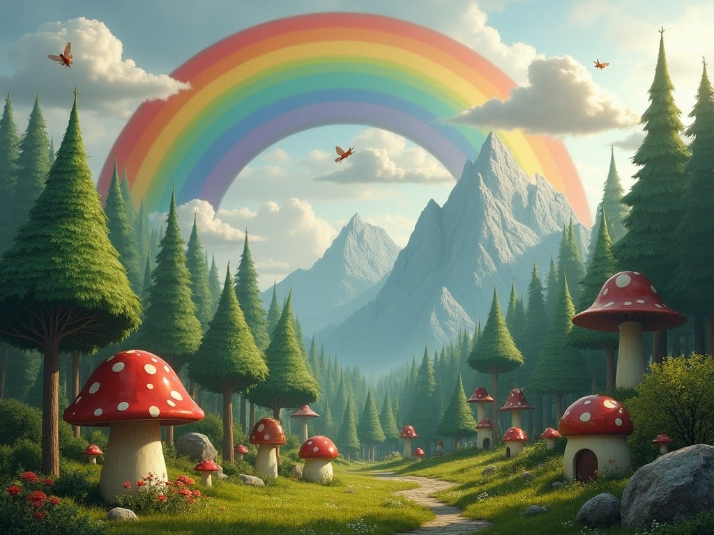 This image depicts a magical forest setting. The trees are uniquely shaped like bottles, adding a whimsical touch. A vibrant rainbow arcs across the sky, contrasting with the overcast backdrop. In the foreground, there are charming houses designed like toadstools. Delicate dragonfly-shaped clouds float among the mountains, enhancing the fantasy atmosphere.