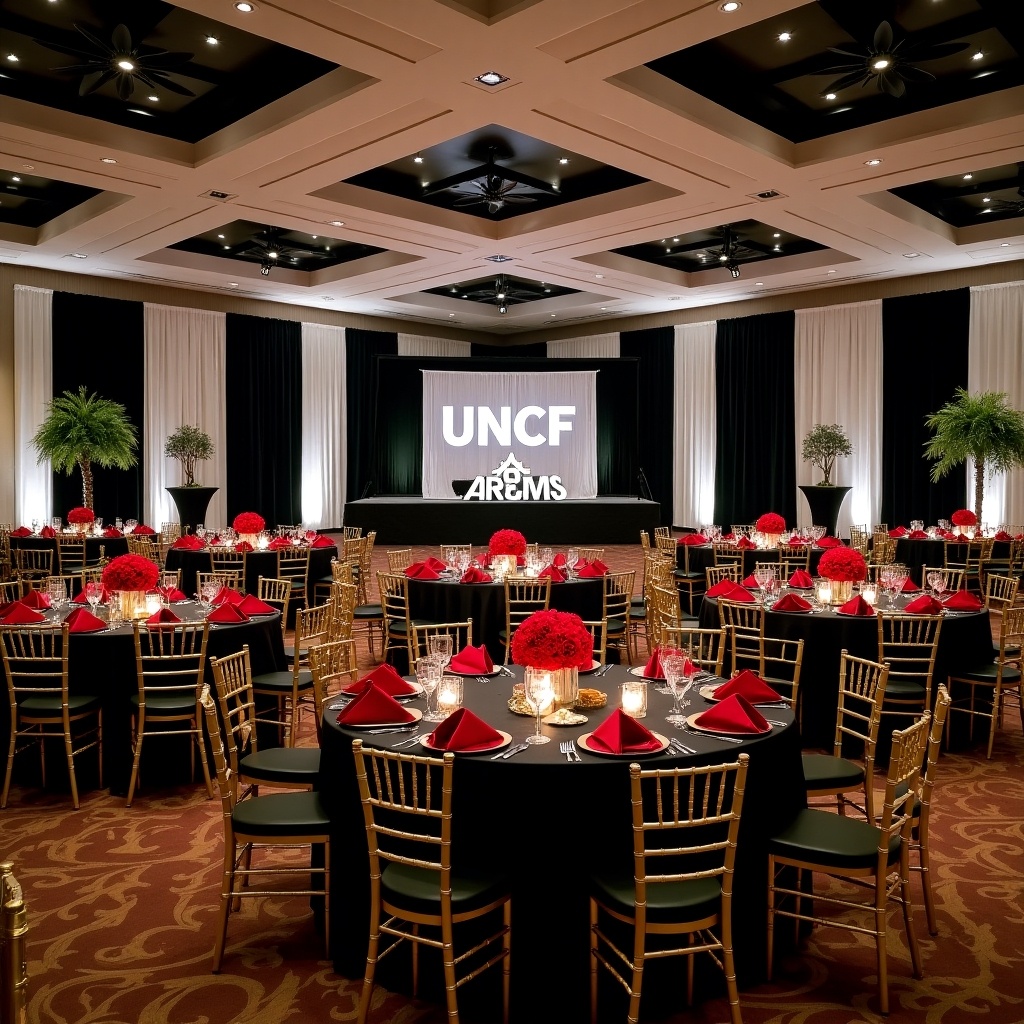 This image showcases a beautifully decorated banquet room, perfect for formal events. It features around 50 round tables draped in black table linens, adorned with striking red napkins and stunning red rose centerpieces. The gold chiavari chairs add a touch of elegance to the setup. A stage displays illuminated UNCF letters, celebrating African American achievements. Black curtains feature framed black and white photos of graduates, adding meaningful decor. The room is enhanced by full drapes on the ceiling and tall 12-foot trees, creating a warm and inviting atmosphere.