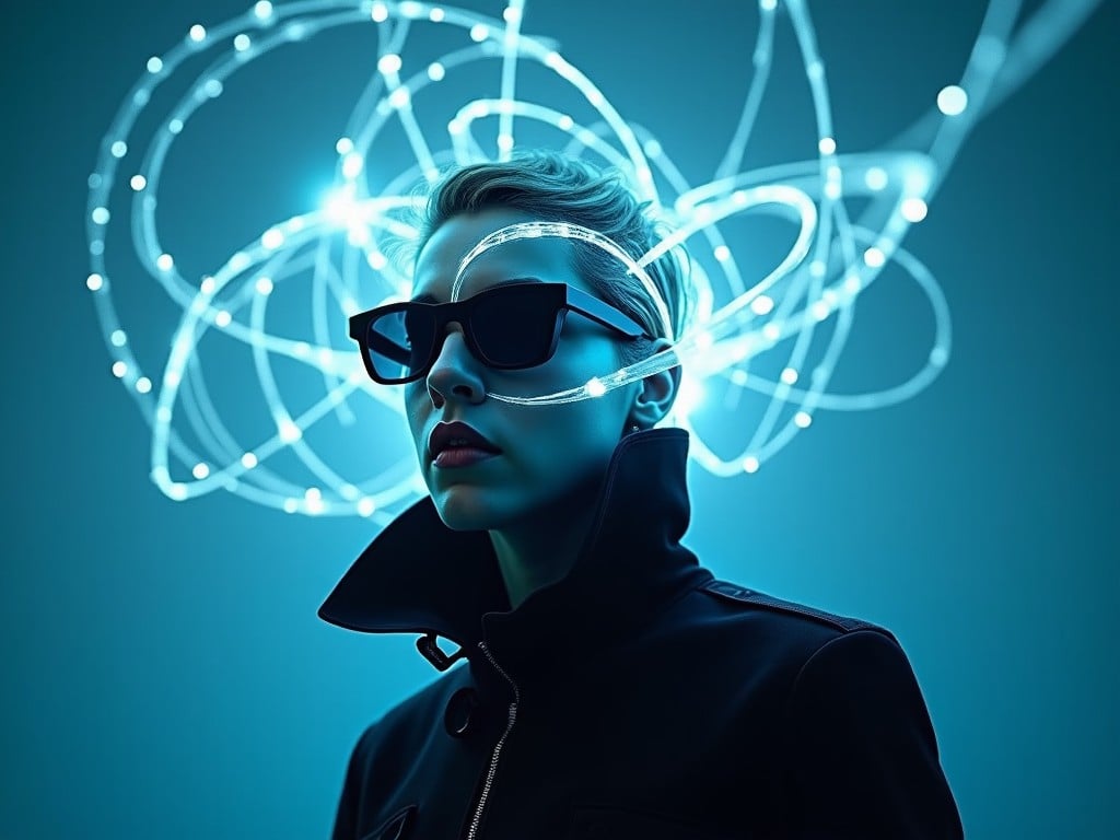 A futuristic image of a person in sunglasses with glowing light trails around their head, symbolizing technology and innovation