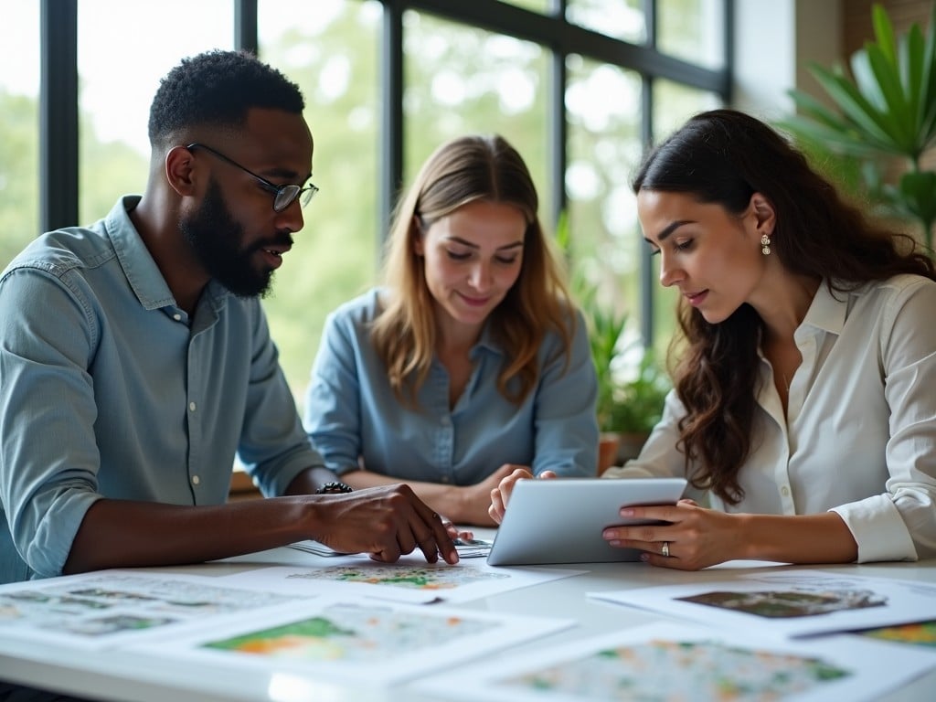 A diverse team of three professionals gathers around a table in a bright and modern office space. One black male and two females intently review environmental reports, highlighting their collaborative efforts. A digital tablet is used to examine a detailed map, illustrating their focus on relevant data. Surrounding them are large windows that let in abundant natural light, complemented by vibrant indoor plants that enhance the fresh ambiance. The atmosphere is both professional and inviting, reflecting a strong team dynamic.