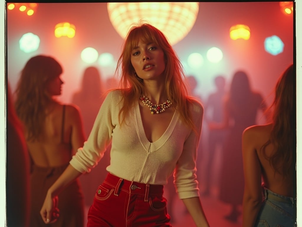 This image features a cinematic film still capturing a young woman in a vibrant nightclub scene. She is dressed in red velvet trousers paired with a white V-neck knitted sweater, adorned with a multi-colored pearl necklace. The setting is illuminated by a dimly lit disco ball and soft white and orange bulbs, creating a party atmosphere. The woman's hairstyle is light brown, long, slightly messy, and styled in layers. This evocative scene is reflective of 1960s hippie-inspired retro fashion and active poses that enhance the dynamic energy of the moment.