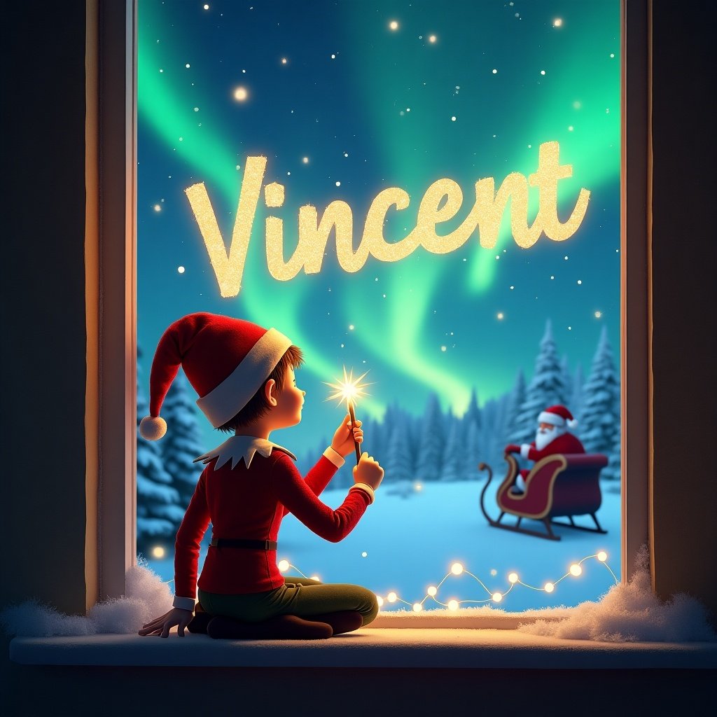 The image features an enchanting Christmas scene. An elf sits on a window ledge, back to the viewer. Using a wand, he writes the name 'Vincent' in shimmering lights. The background showcases colorful northern lights and a snowy landscape. In the distance, Santa Claus is seen in his sleigh, enhancing the festive spirit.