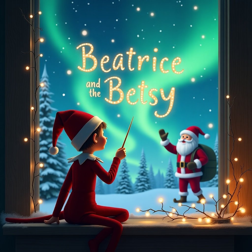 In this delightful holiday illustration, we see an elf on the shelf with his back to the viewer, captivated by the magical night sky. The elf holds a wand with which he is crafting the words 'Beatrice and Betsy' into the luminous sky. Behind him, the enchanting Northern lights dance above a snow-covered landscape. Off to the side, Santa Claus stands cheerfully with his sack of gifts. The entire scene is accentuated by warm twinkling lights, creating a cozy and festive atmosphere.