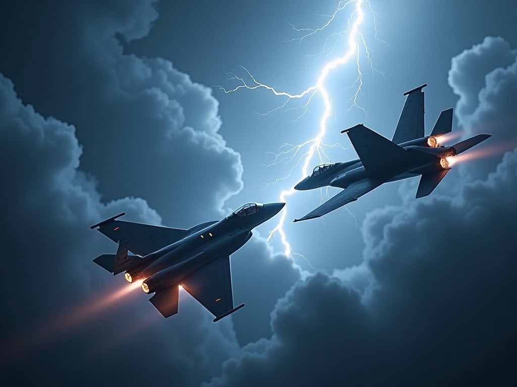 This image depicts two fighter jets engaged in a dramatic duel during a thunderstorm. The sky is filled with dark, ominous clouds, and bright lightning strikes illuminate the scene, creating a sense of intensity. The jets, sleek and powerful, are shown in dynamic poses as they maneuver through the stormy environment. Their afterburners blaze, casting an orange glow against the backdrop of the dark blue sky. This high-energy scene captures the thrill of aerial combat and the beauty of military aviation.