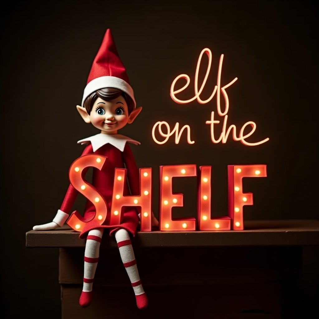 This image features an elf on the shelf character, dressed in traditional red and white attire. The elf is posed cheerfully next to bright, illuminated letters spelling out 'Elf on the Shelf'. Soft light creates a warm glow, enhancing the festive atmosphere. The dark background contrasts with the glowing text, making it stand out. The scene evokes feelings of magic and cheer associated with Christmas celebrations.