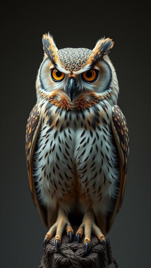 A stunning owl with piercing eyes perched on a woven base against a dark background.