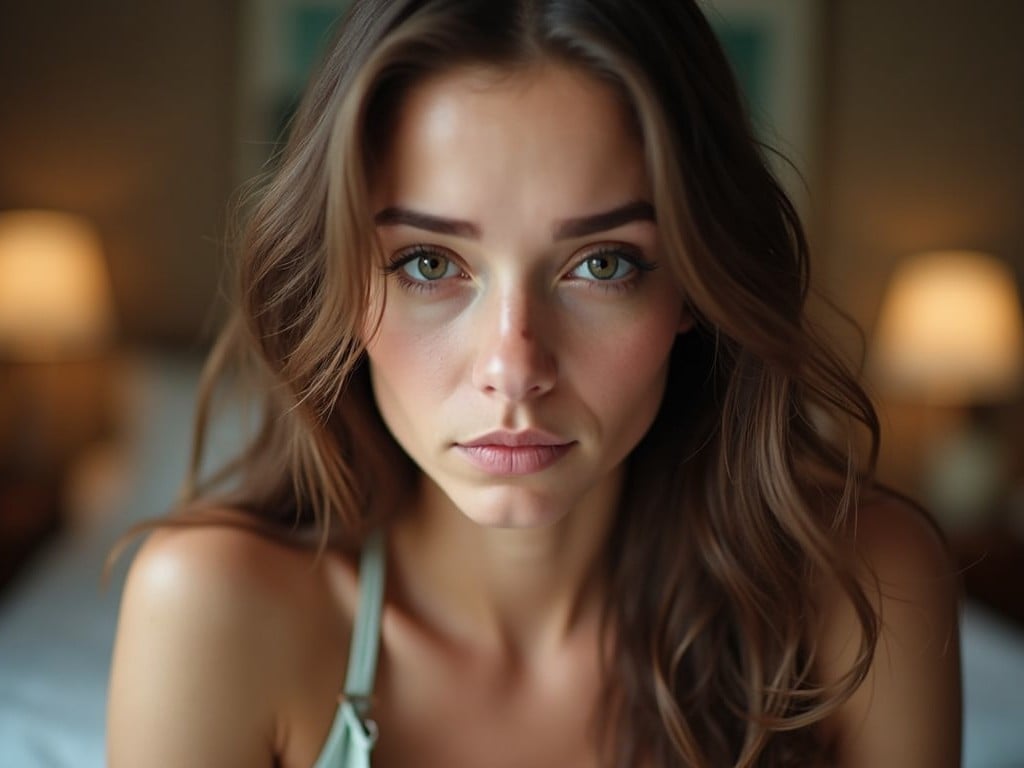 The image features a close-up portrait of a young woman with long, wavy hair and striking green eyes. She has a neutral expression that conveys serenity and introspection, placed in a softly lit room with warm tones. The background is blurred, drawing attention to her face. The lighting highlights her natural beauty and emphasizes the contours of her features. This photograph captures a moment of quiet beauty and emotion, suitable for various uses such as fashion or beauty marketing.