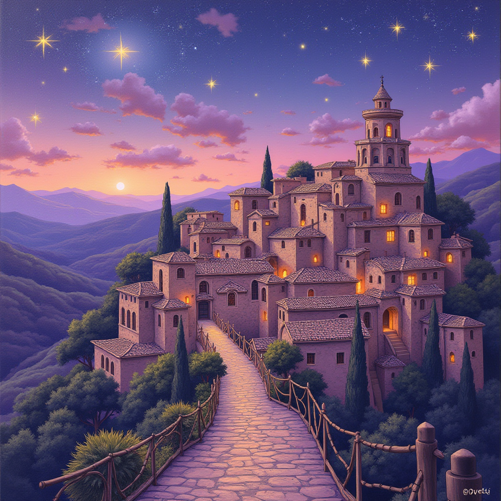 A serene village with glowing windows is set against a starry night and purple mountains.