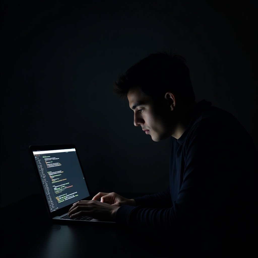 A young person is sitting at a desk in a dark room, their face illuminated by the light of a laptop screen filled with code. The atmosphere is focused and intense as they work diligently on their programming tasks. Their expression shows concentration, reflecting a deep engagement in their work. The dim lighting sets a serious tone, emphasizing the glow of the screen and the dark surroundings. This image captures the essence of modern software development and coding culture.