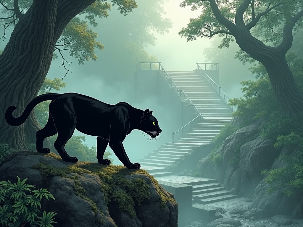 This image depicts a black panther poised on a rock, gazing towards a mist-covered stone staircase that disappears into a lush forest. The scene is enveloped in a soft, ethereal light that filters through the trees, creating an atmosphere of mystery and intrigue. The lush greenery contrasts subtly with the panther's sleek black fur, enhancing its presence in the image.