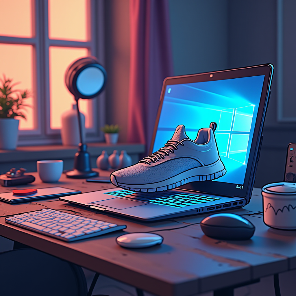 A sneaker emerges from a laptop screen in a digital art representation, blending reality with virtual creativity.