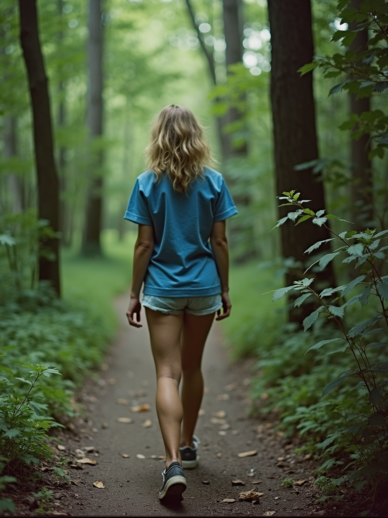 A person in a blue shirt and shorts walks along a serene forest path surrounded by lush green trees.