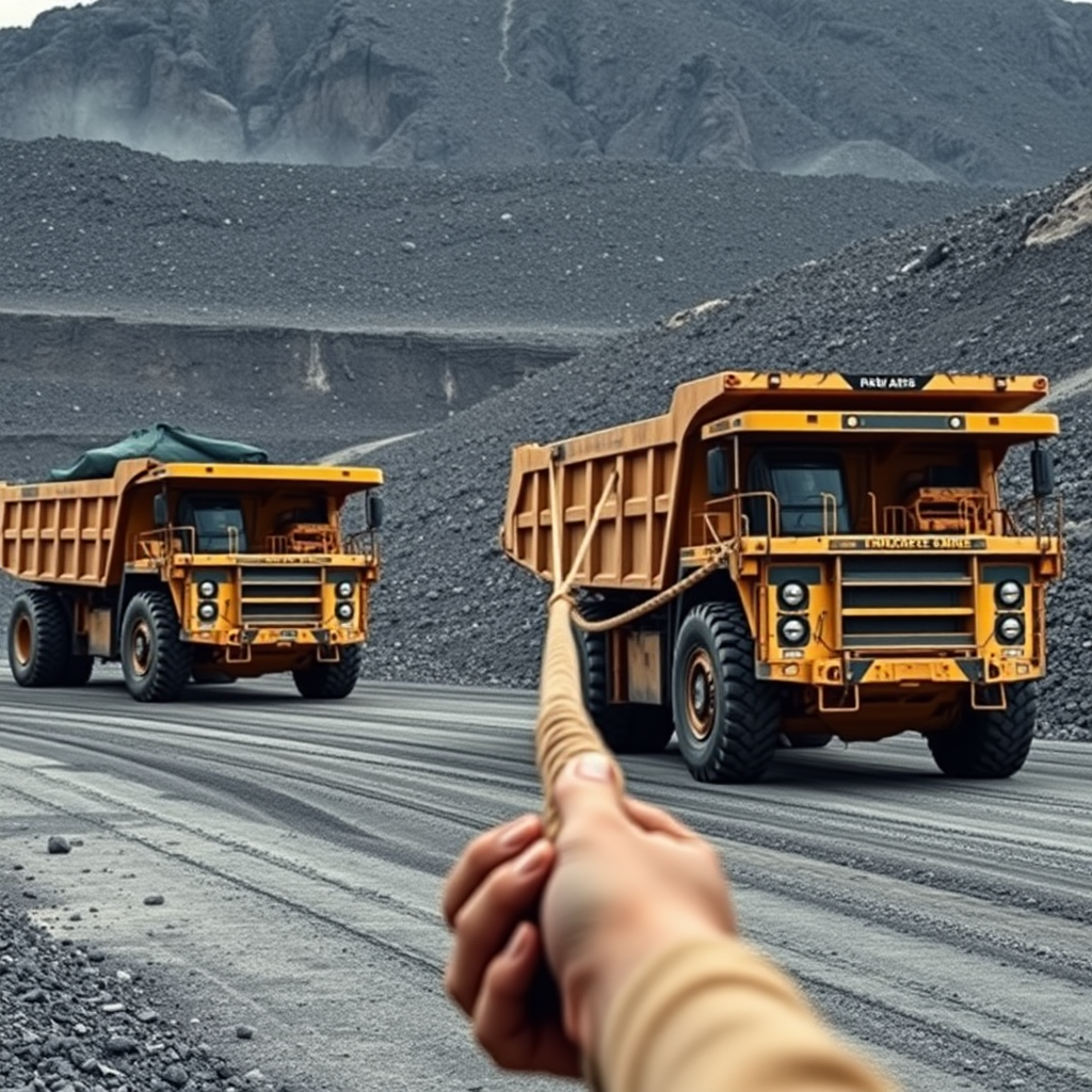 A person is holding a rope attached to two massive industrial mining trucks in a rugged quarry landscape.