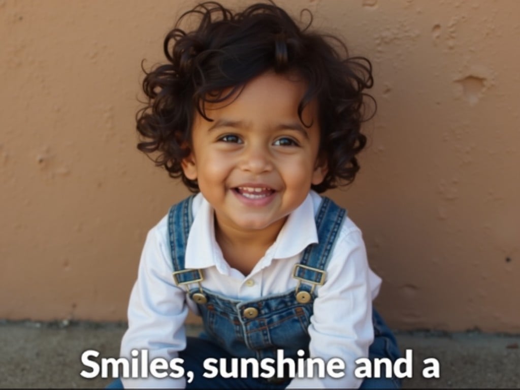 A young child is sitting against a textured wall with a warm, inviting expression. They have curly dark hair and are wearing a white shirt and denim overalls. The background is a muted earth tone, complementing the child's outfit. The child appears relaxed and at ease in their pose. The caption at the bottom reads: "Smiles, sunshine, and a" suggesting a cheerful, carefree mood.