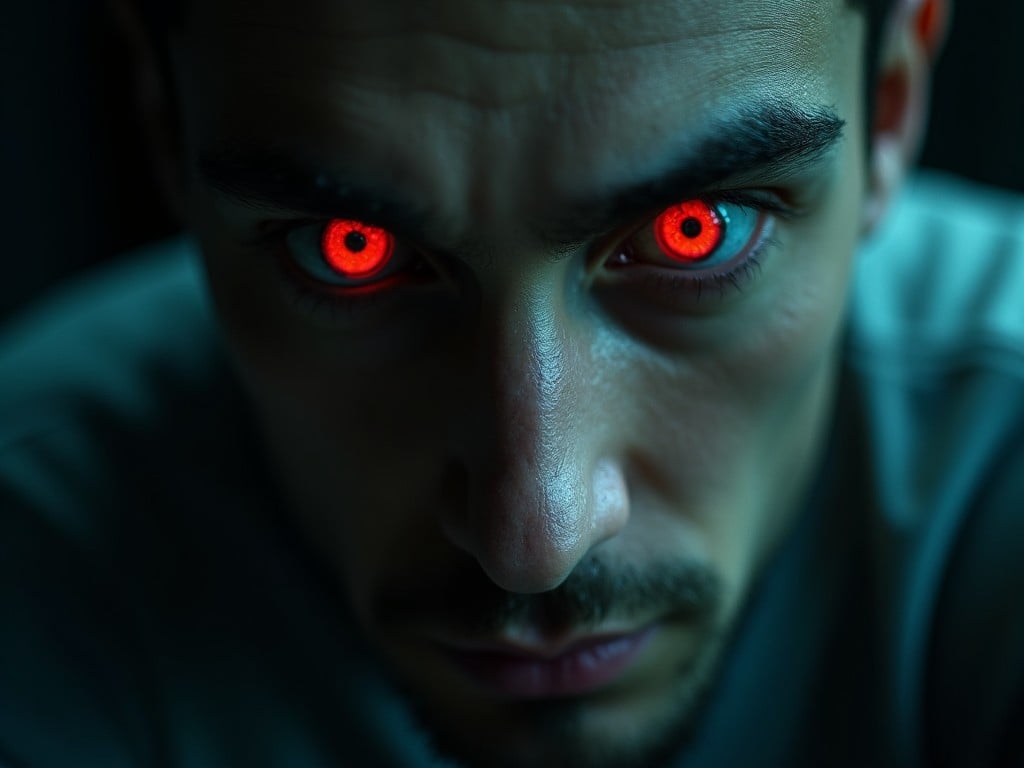 The image depicts a man with intense red eyes and a dangerous look. The photography style is raw and moody, drawing inspiration from Gregory Crewdson. It features a close-up shot taken with a 50mm lens, highlighting sharp, expressive facial features. The lighting is low and eerie, casting long shadows that emphasize his piercing gaze. A cold color temperature contributes to a threatening mood, creating an ominous atmosphere as he stares directly into the camera.