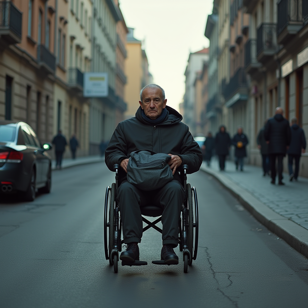 An elderly man in a wheelchair moves down an urban street, surrounded by blurred figures.